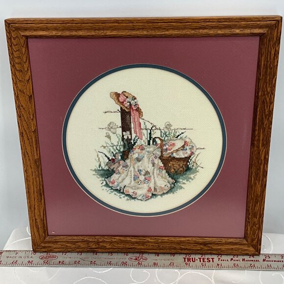 Framed Vintage Cross Stitch Art With Floral Picnic Scene In Wood Frame - Picture 6 of 7